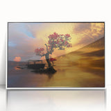 Framed acrylic wall art showcasing a serene lake landscape with vibrant colors, perfect for enhancing home decor. The piece features a white frame and captures a tranquil outdoor scene, ideal for nature lovers.