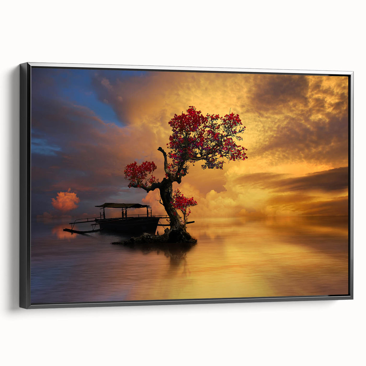 Framed canvas wall art showcasing a serene lake landscape with vibrant colors, set in a sleek black frame, ideal for enhancing home decor and creating a calming atmosphere.