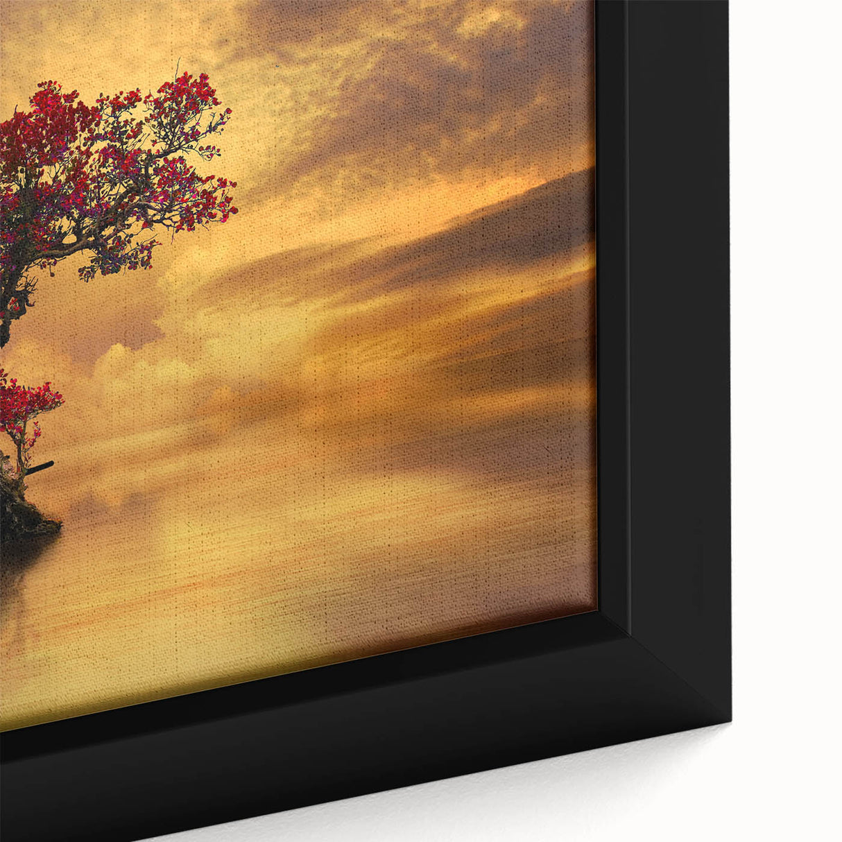 Framed canvas wall art depicting a serene lake landscape with vibrant colors, showcasing detailed reflections and natural scenery, perfect for home decor.