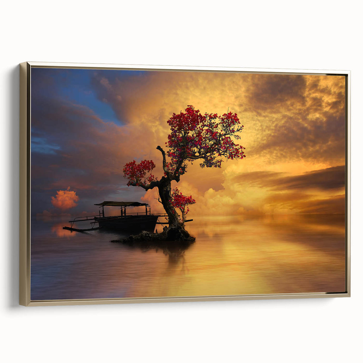 Framed canvas wall art featuring a serene landscape with a lake, surrounded by lush greenery and a golden frame, perfect for home decor.