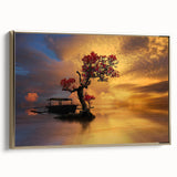 Framed canvas wall art featuring a serene landscape with a lake, surrounded by lush greenery and a golden frame, perfect for home decor.
