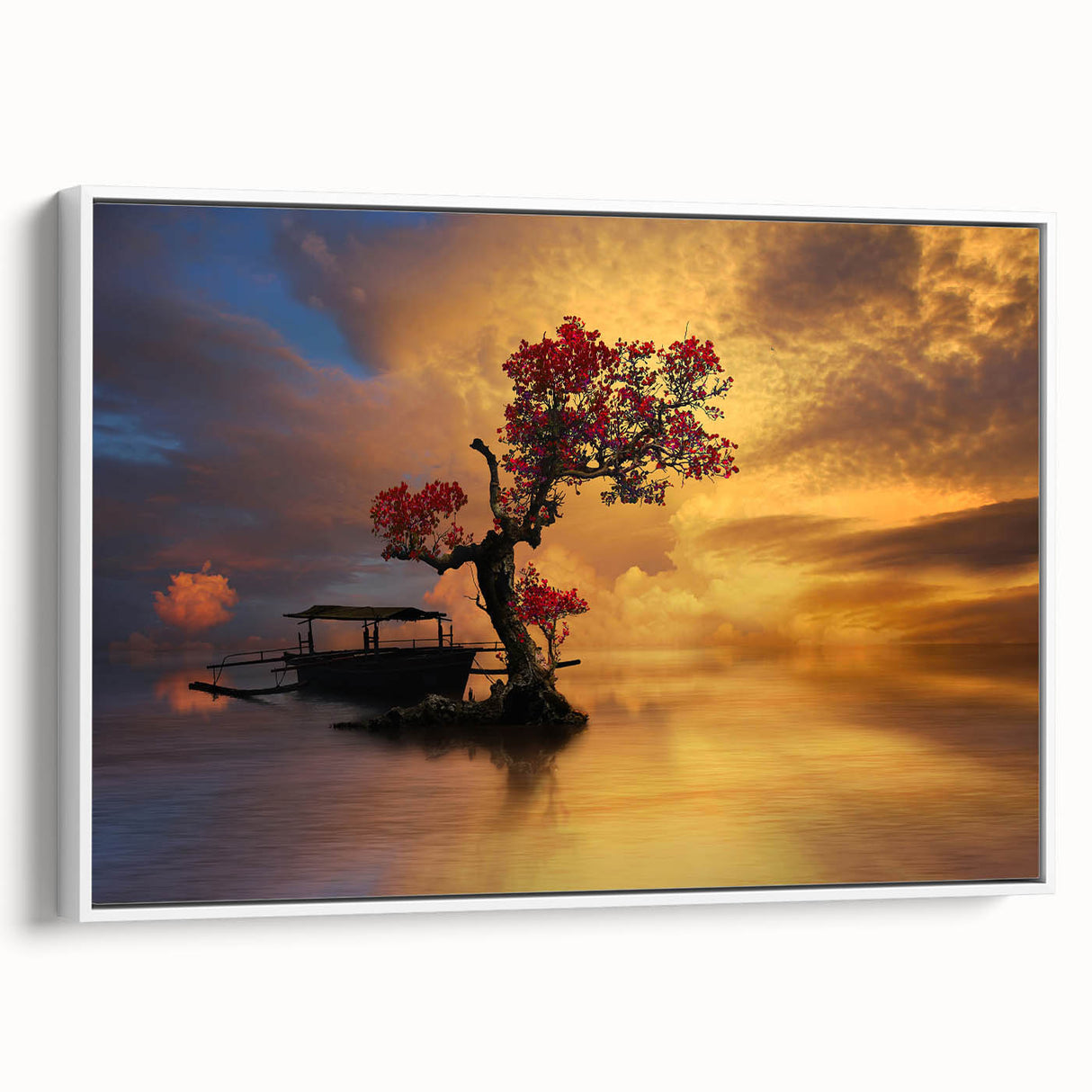 Framed canvas wall art showcasing a serene lakeside landscape with vibrant colors, displayed from a side view against a white background, perfect for home decor.