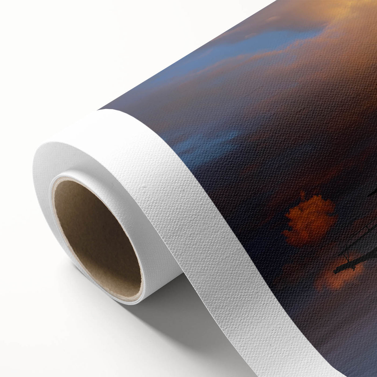 Vibrant rolled canvas wall art showcasing a serene lake landscape with lush greenery and blue skies, elegantly packaged in a protective cardboard tube for safe delivery.
