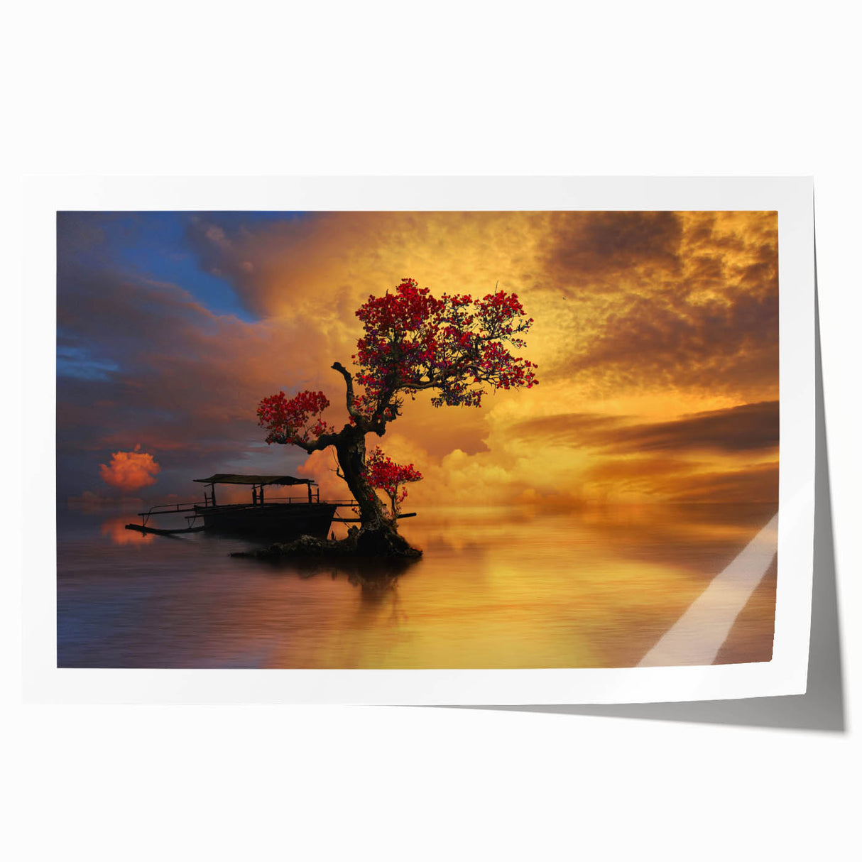 Serene landscape wall art featuring a tranquil lake scene with vibrant blue water and lush green trees, rolled and ready for display in any home decor.