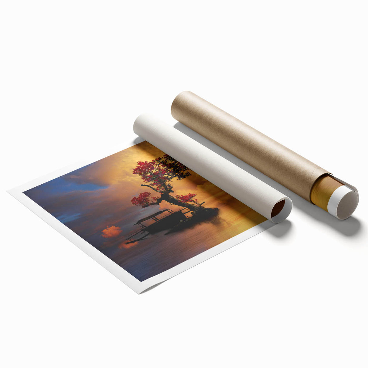 Serene landscape wall art print showcasing a tranquil lake surrounded by lush greenery and mountains, rolled for easy display and shipping in a protective tube.