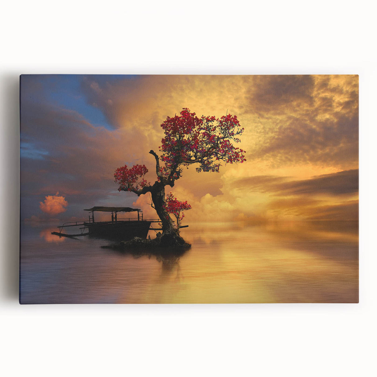 Vibrant stretched canvas wall art featuring a serene lake landscape, showcasing vivid blues and greens, perfect for enhancing any living space or office décor.