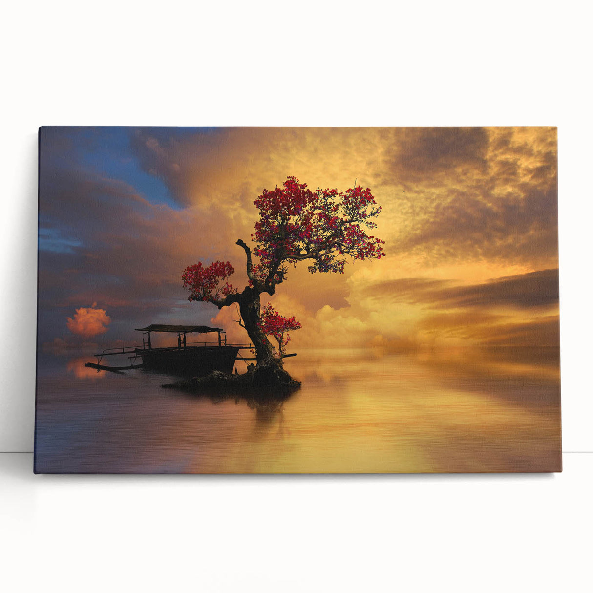 Stretched canvas wall art featuring a serene landscape with a tranquil lake, lush green trees, and a vibrant sunset, perfect for enhancing home decor.