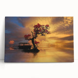 Stretched canvas wall art featuring a serene landscape with a tranquil lake, lush green trees, and a vibrant sunset, perfect for enhancing home decor.