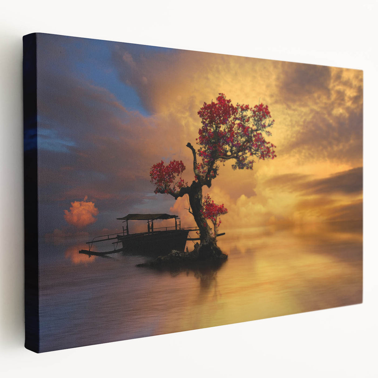 Stretched canvas artwork showcasing a serene lakeside landscape with vibrant colors, ideal for home decor. Side view highlights the canvas's depth and quality.