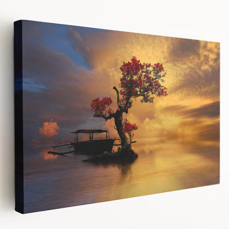 Stretched canvas artwork showcasing a serene lakeside landscape with vibrant colors, ideal for home decor. Side view highlights the canvas's depth and quality.