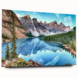 Acrylic glass wall art collection showcasing serene lakeside landscapes in vibrant colors, displayed in a side view without pins, perfect for home decor.