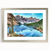 Framed landscape wall art collection showcasing serene lakes, featuring a silver mat and sleek front view design. Ideal for enhancing modern home decor.
