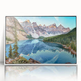 Framed acrylic wall art collection showcasing serene lake landscapes in vibrant colors, set against a sleek white frame, ideal for modern home decor.