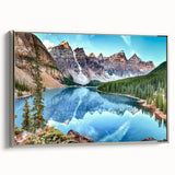 Framed canvas wall art collection depicting serene lake landscapes with vibrant colors, featuring a sleek silver frame, ideal for home decor and relaxation.