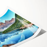 Rolled print of serene lake landscape wall art featuring vibrant blues and greens, showcasing tranquil nature scenery, ideal for home decor enhancement.