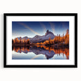 Black-framed wall art piece showcasing a serene lake landscape, elegantly matted for a polished look, perfect for enhancing modern home decor aesthetics.