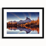 Black-framed wall art piece showcasing a serene lake landscape, elegantly matted for a polished look, perfect for enhancing modern home decor aesthetics.