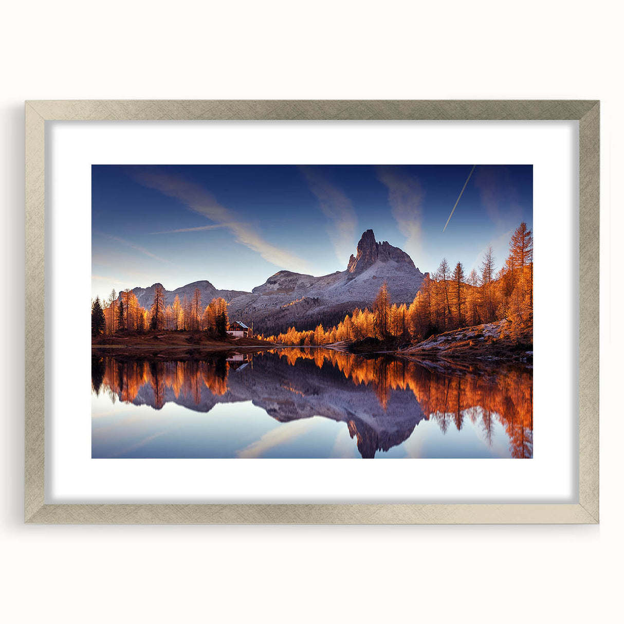 Framed wall art collection showcasing serene landscapes of lakes, featuring a silver frame and mat for an elegant touch, ideal for home decor enhancement.