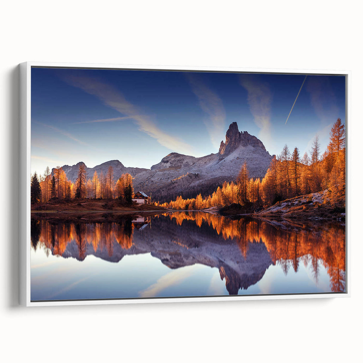 Framed canvas wall art showcasing a serene lake landscape design, featuring vibrant colors and intricate details, perfect for home decor. The artwork is presented in a stylish white frame, enhancing its visual appeal and suitability for modern interiors.