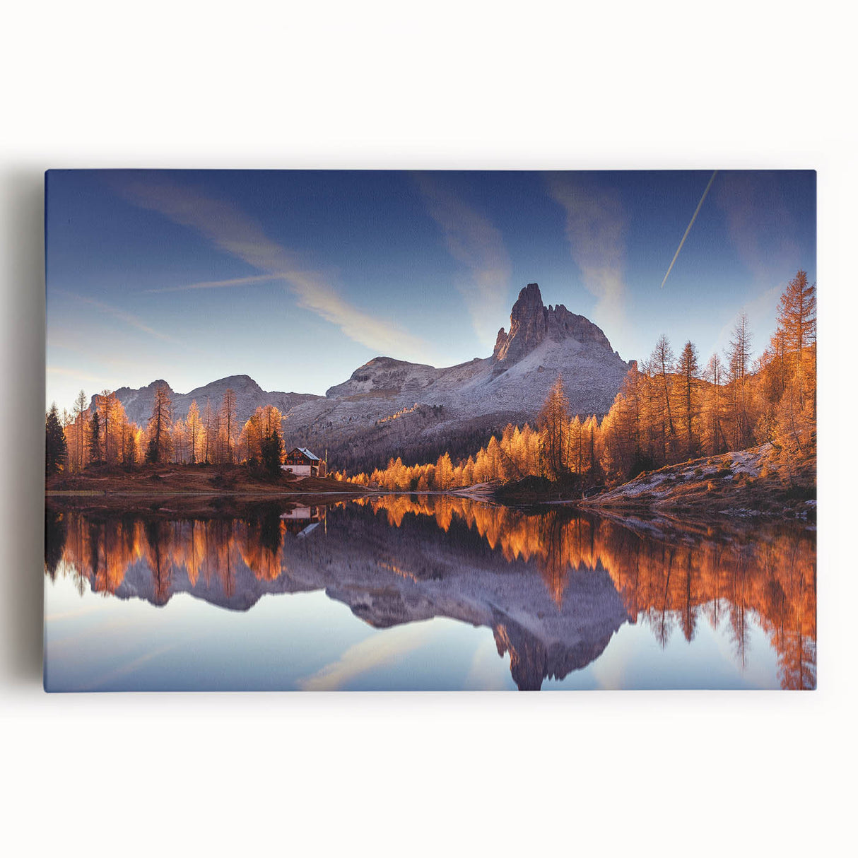 Stretched canvas wall art featuring a serene lake landscape design with vibrant colors and intricate details, ideal for enhancing home decor and creating a calming atmosphere.
