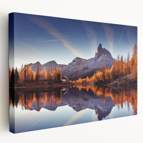 Stretched canvas wall art showcasing a serene lakeside landscape with vibrant colors, ideal for home decor, enhancing ambiance in living spaces.