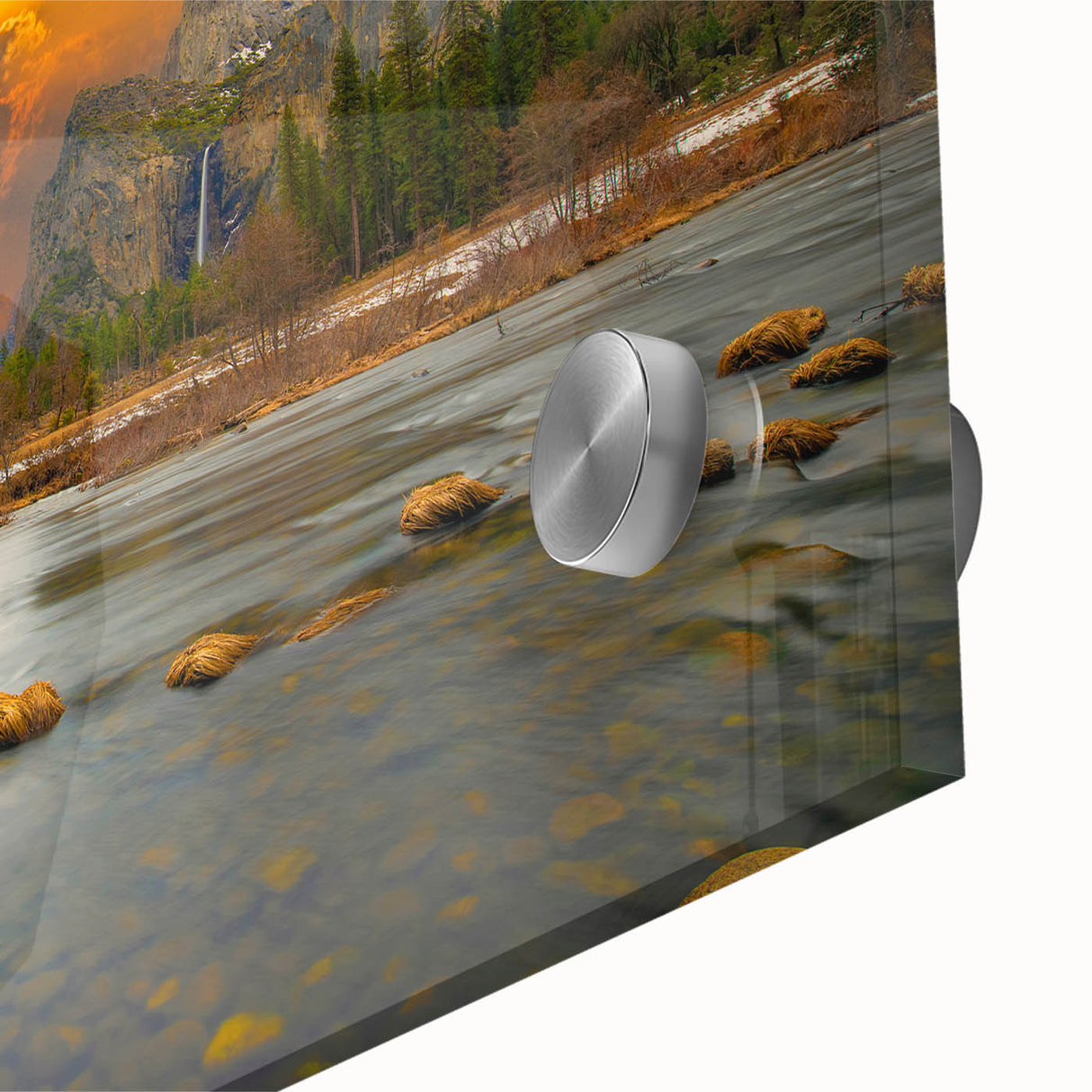 Close-up of a vibrant acrylic glass wall art piece showcasing a serene lake landscape, featuring rich blues and greens that evoke tranquility, perfect for home decor.