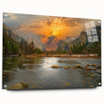 Acrylic glass wall art showcasing a serene lakeside landscape, featuring vibrant colors and intricate details, presented with decorative pins for a modern touch.