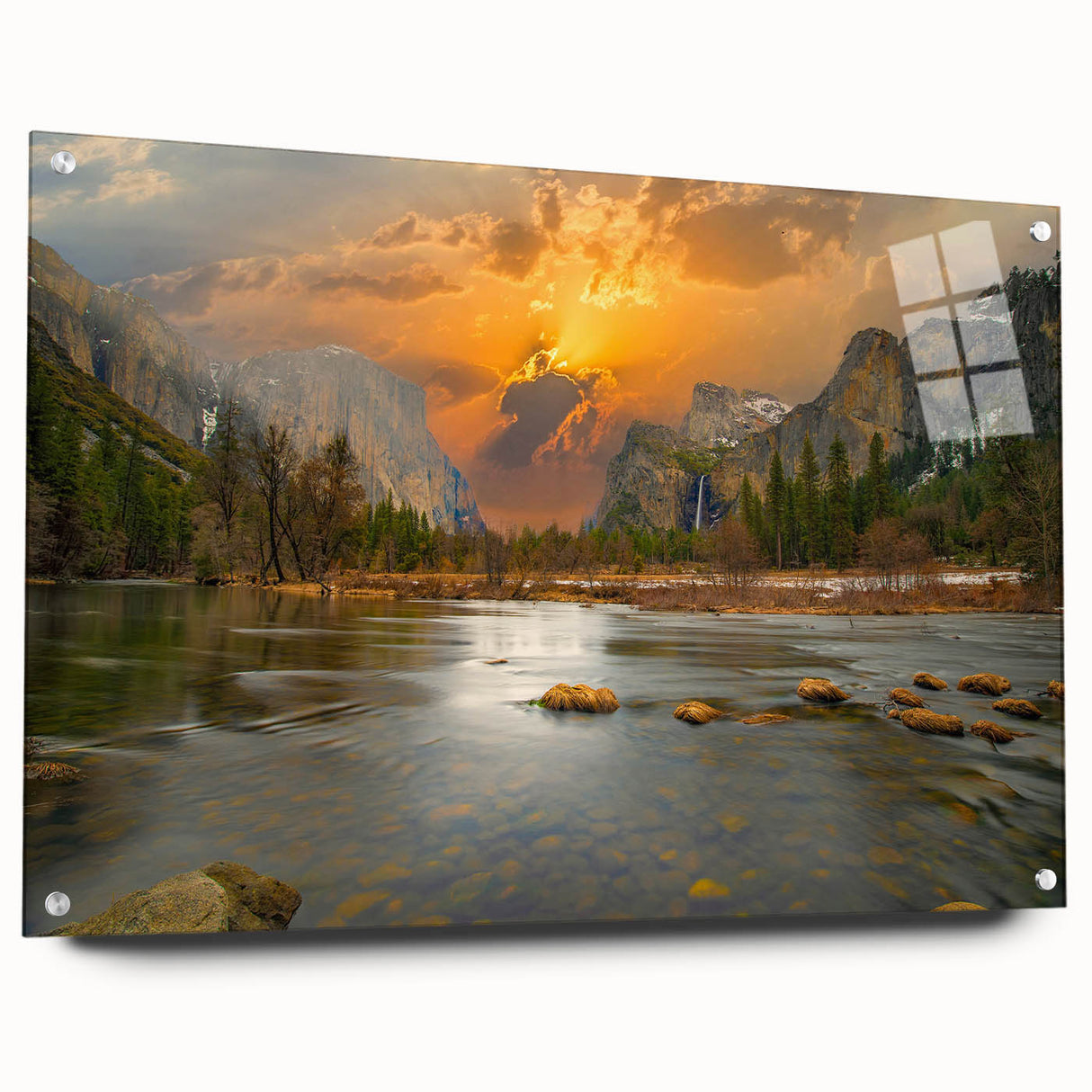 Acrylic glass wall art showcasing a serene lakeside landscape, featuring vibrant colors and intricate details, presented with decorative pins for a modern touch.