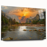 Acrylic glass wall art showcasing a serene lakeside landscape, featuring vibrant colors and intricate details, presented with decorative pins for a modern touch.