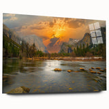 Acrylic glass wall art featuring a serene landscape with a tranquil lake and lush greenery, designed for modern home decor. This side view showcases the artwork's vibrant colors and reflective surface, enhancing any living space with a touch of nature.
