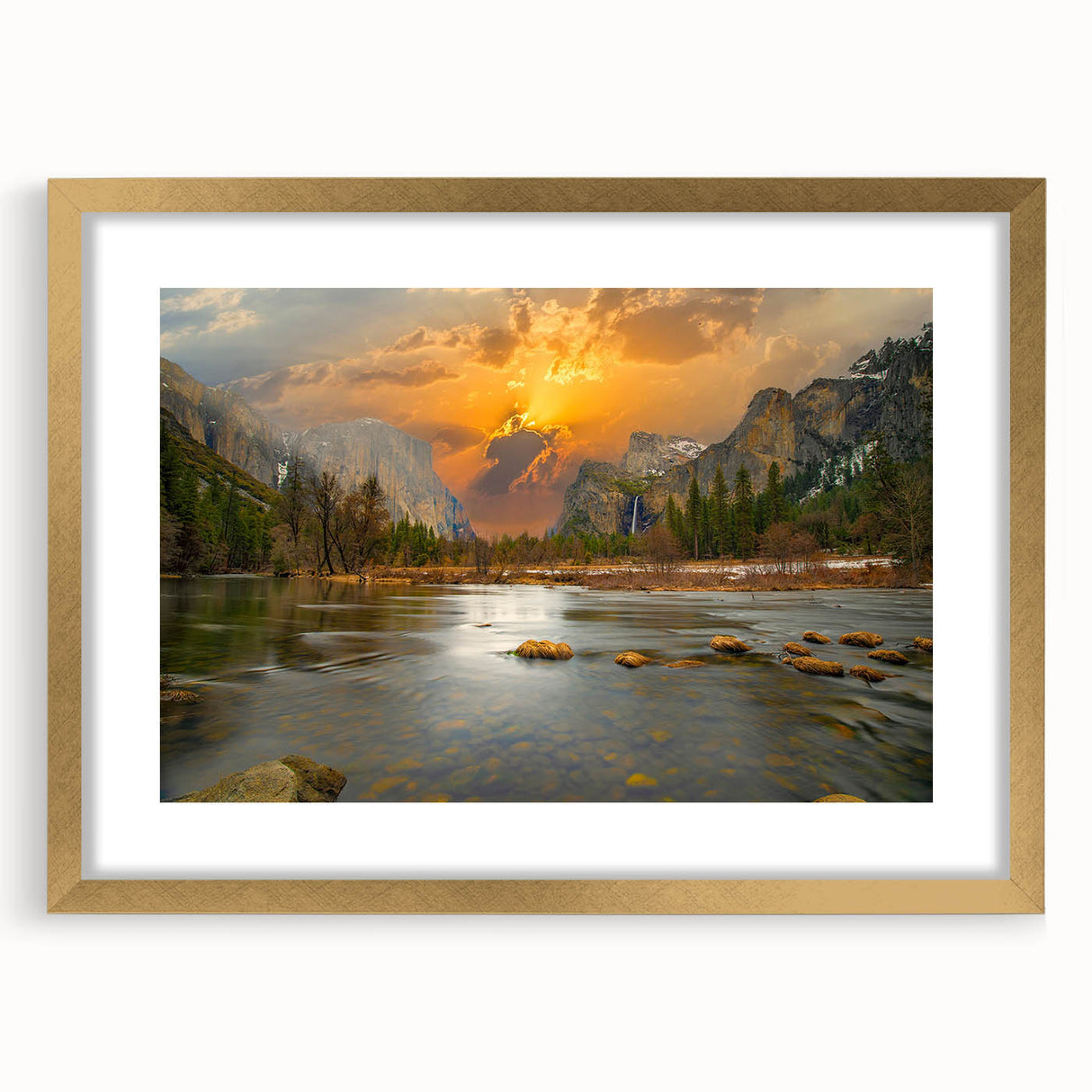 Framed wall art featuring a serene lake landscape with gold matting, showcasing tranquil blues and greens, perfect for enhancing modern home decor.