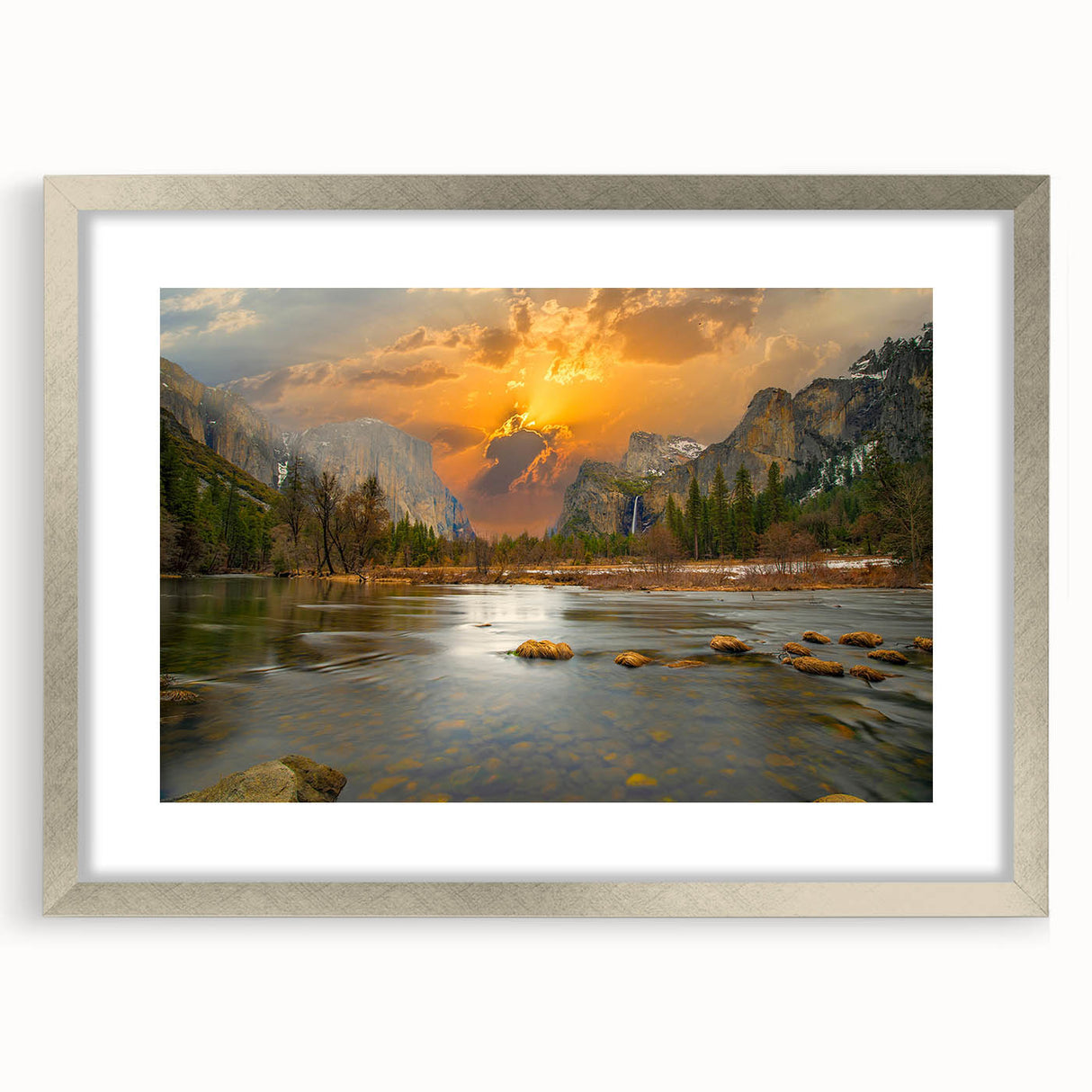 Framed wall art featuring a serene lake landscape design, set in an elegant silver frame with a mat. Perfect for home decor, enhancing any living space with nature's tranquility.