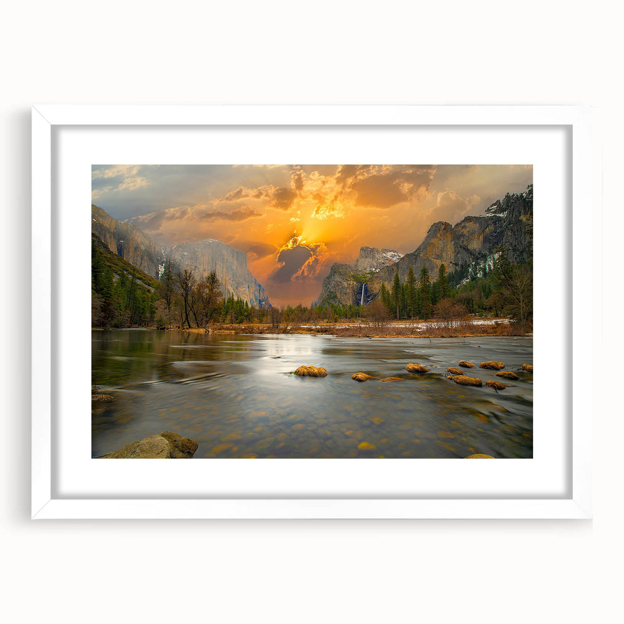 Elegant white-framed wall art showcasing a serene lake landscape design, featuring vibrant colors and intricate details, ideal for home decor or office spaces.
