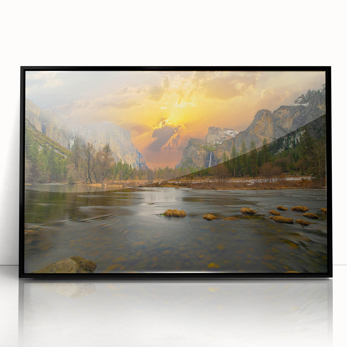 Framed acrylic wall art showcasing a serene lakeside landscape with vibrant colors, designed to enhance modern home decor. This piece features a sleek black frame, perfect for adding elegance to any room.
