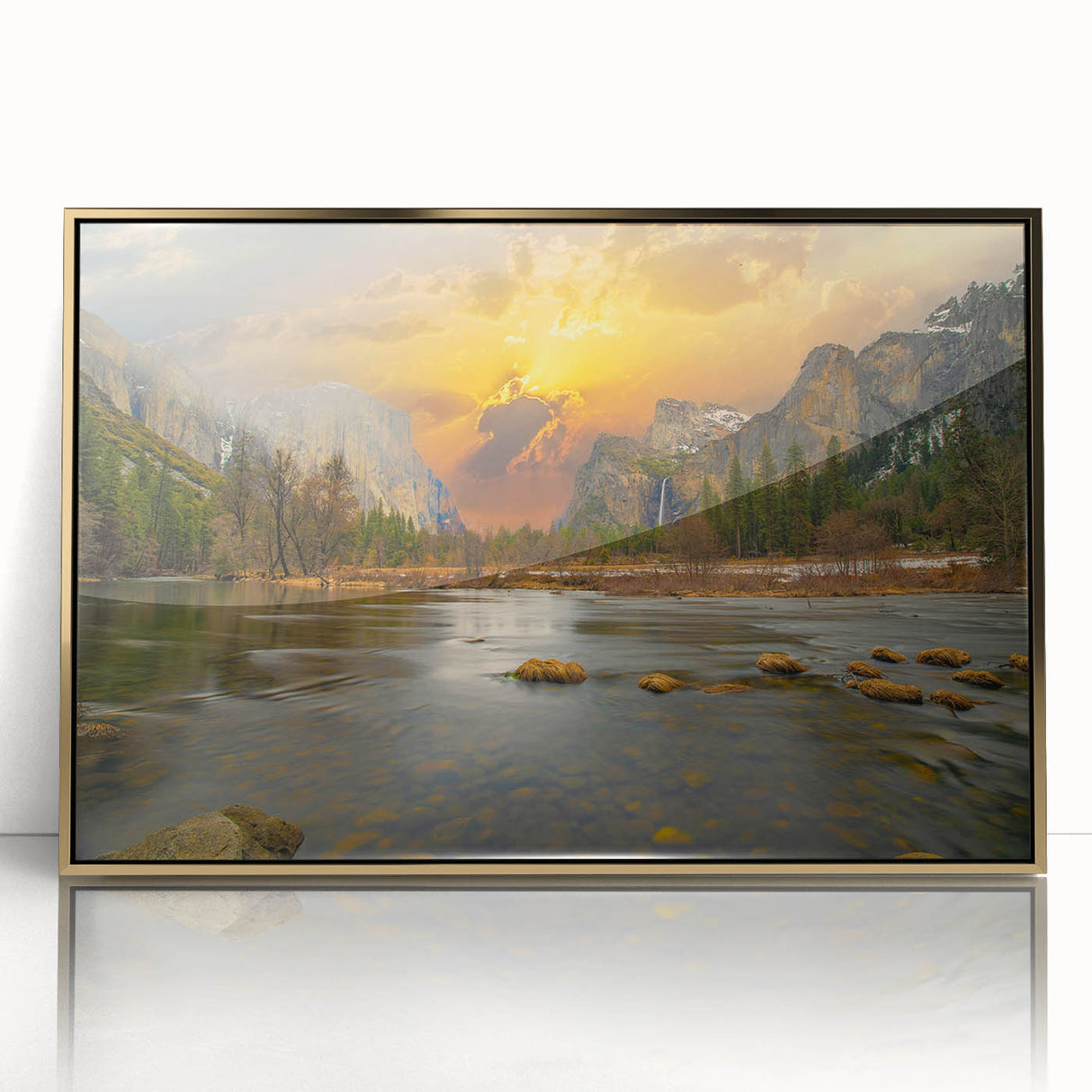 Framed acrylic wall art featuring a serene lake landscape with vibrant colors, gold accents, and a modern design, perfect for home decor enhancement.