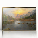Framed acrylic wall art featuring a serene lake landscape with vibrant colors, gold accents, and a modern design, perfect for home decor enhancement.
