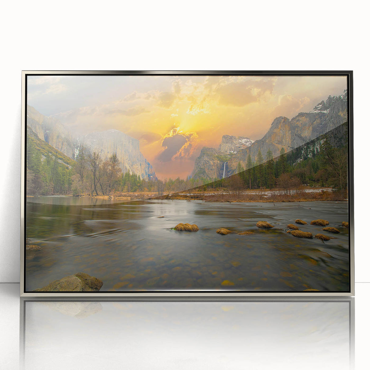 Framed wall art featuring a serene lake landscape with vibrant colors and intricate details, elegantly displayed in a silver frame, perfect for home decor.