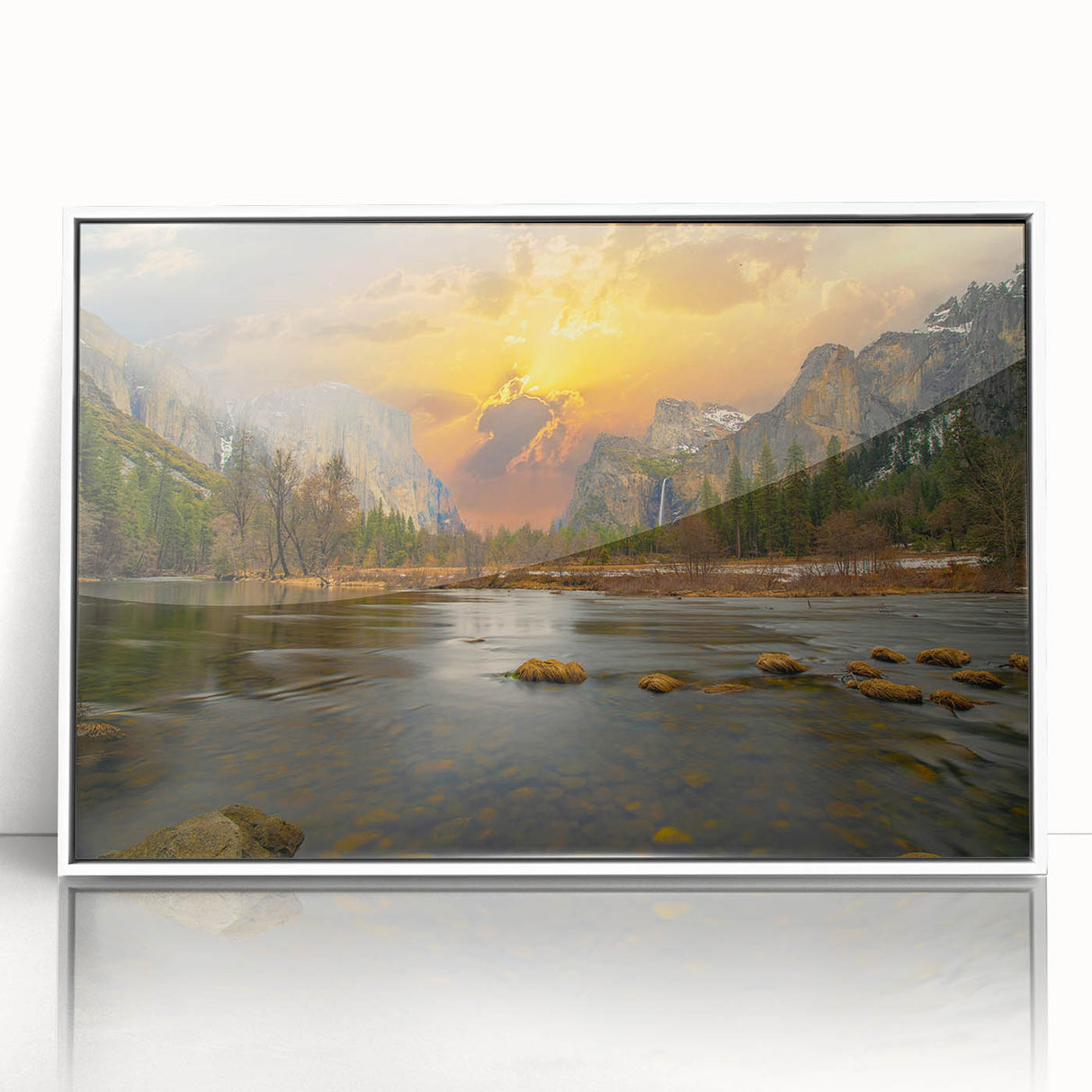 Framed wall art featuring a serene lake landscape design with vibrant colors and intricate details, presented in a sleek white frame, ideal for home decor.