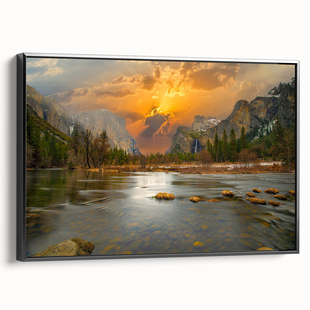 Framed canvas wall art showcasing a serene lakeside landscape with vibrant colors and intricate details, presented in a sleek black frame, perfect for home decor.