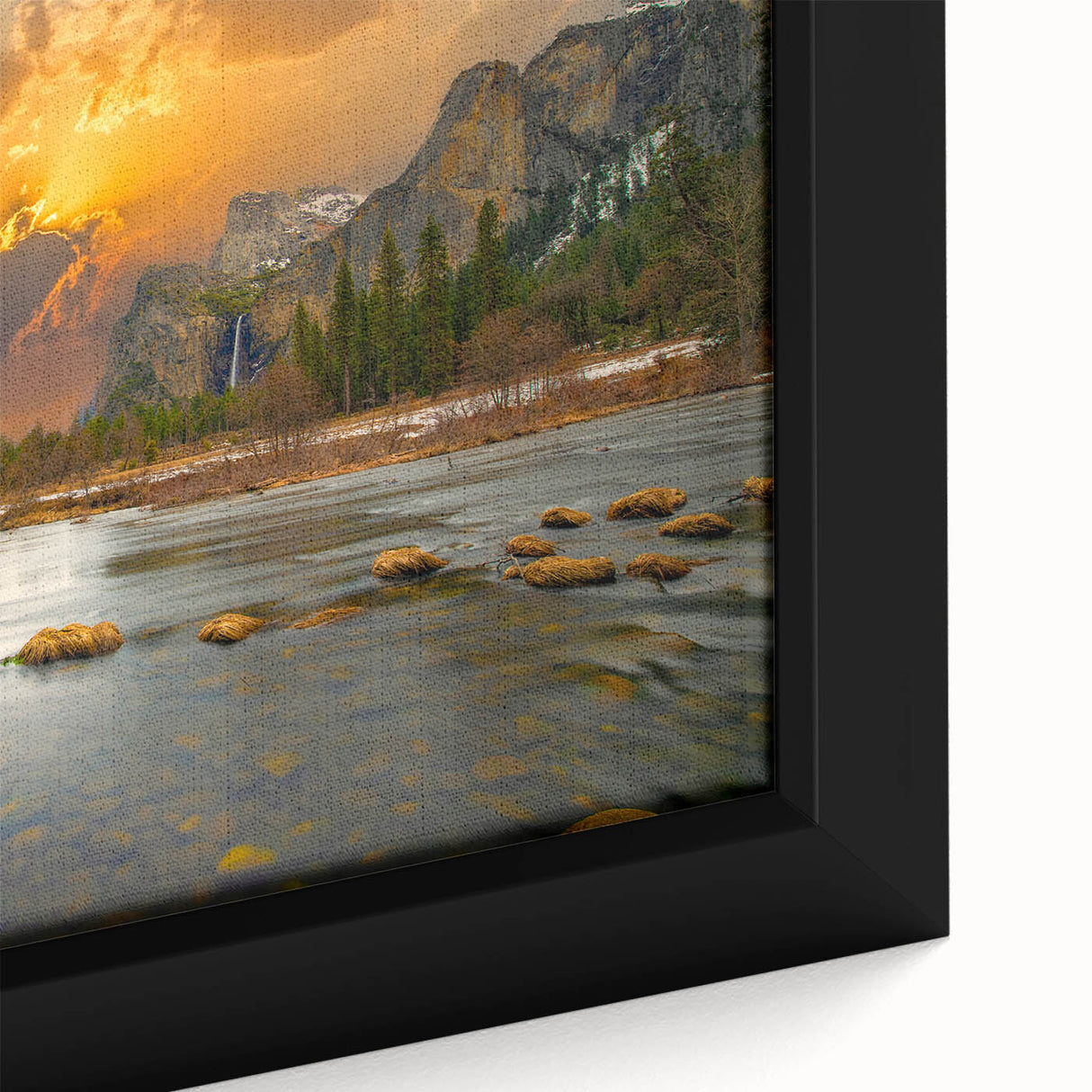 Close-up of a framed canvas wall art piece showcasing a serene lakeside landscape with vibrant colors and intricate details, perfect for home decor.