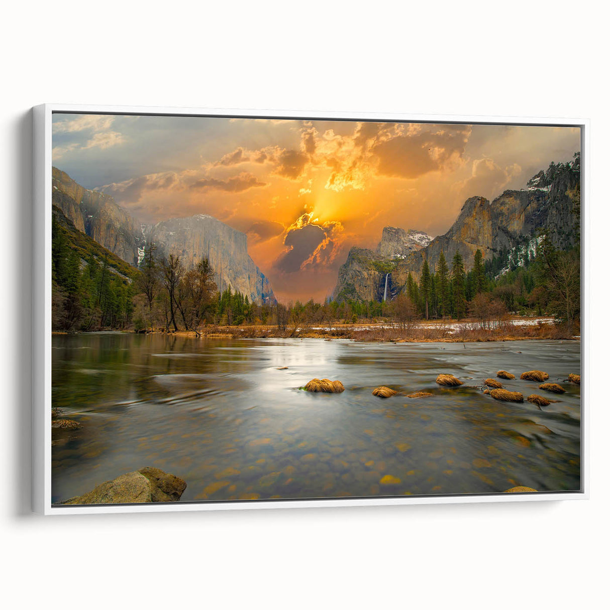 Framed canvas wall art showcasing a serene lake landscape with vibrant colors, set against a white background, perfect for home decor enhancement.
