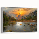 Framed canvas wall art showcasing a serene lake landscape with vibrant colors, set against a white background, perfect for home decor enhancement.