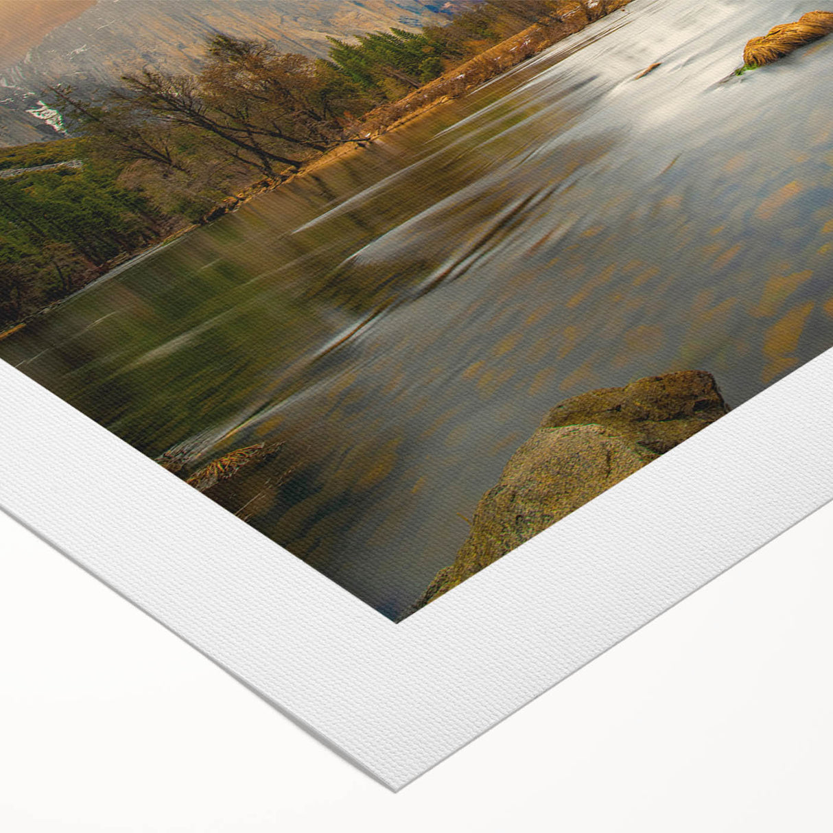Stunning rolled canvas artwork showcasing a serene lake landscape with vibrant colors and intricate details, ideal for home decor and nature lovers.