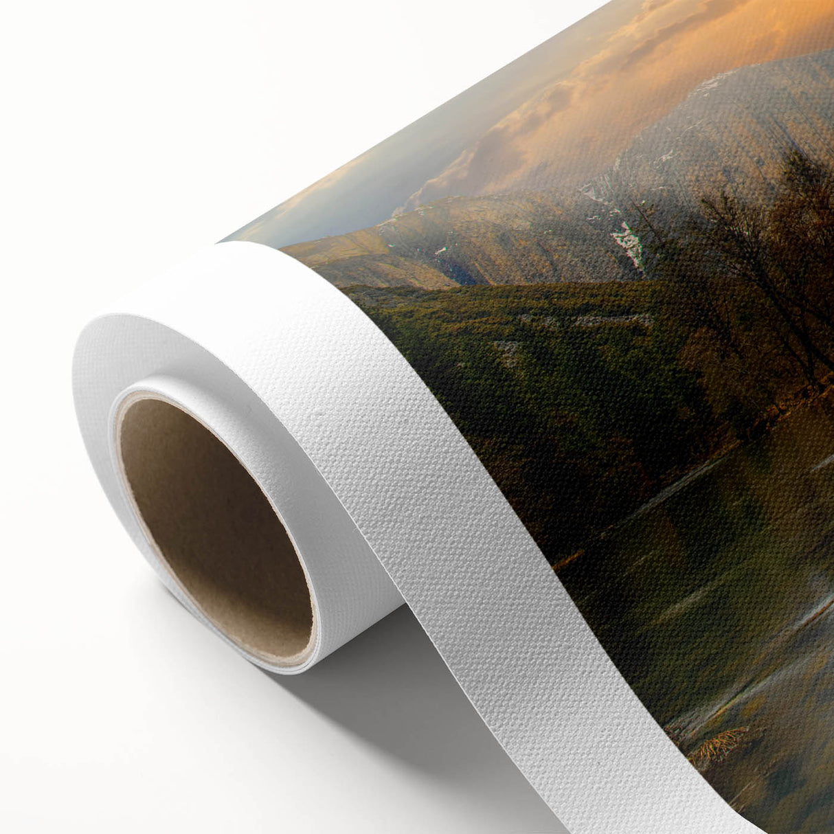 Rolled canvas artwork showcasing a serene lake landscape with vibrant colors and detailed reflections, perfect for home decor. Packaged securely in a cardboard tube.