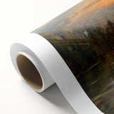 Rolled canvas artwork showcasing a serene lake landscape with vibrant colors and detailed reflections, perfect for home decor. Packaged securely in a cardboard tube.