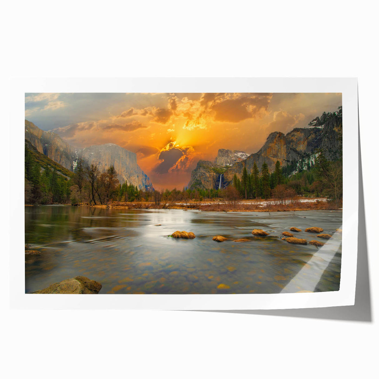 Rolled print of serene lake landscape featuring vibrant blues and greens, designed for wall décor, showcasing natural beauty and tranquility in home settings.