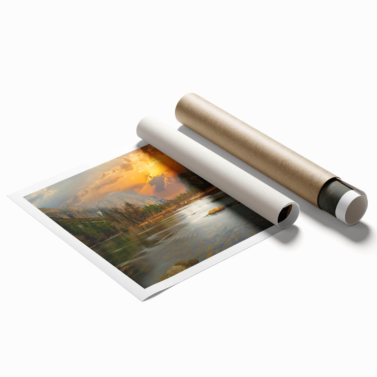Rolled print showcasing a serene landscape with a tranquil lake surrounded by lush greenery, perfect for home decor and nature-themed wall art collections.