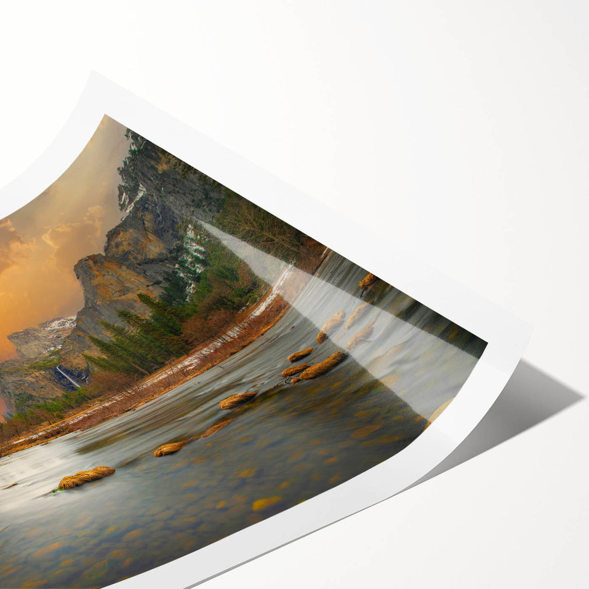 Vibrant rolled print of serene lake landscape wall art, showcasing rich blues and greens, ideal for home decor or office spaces, packaged for easy display.