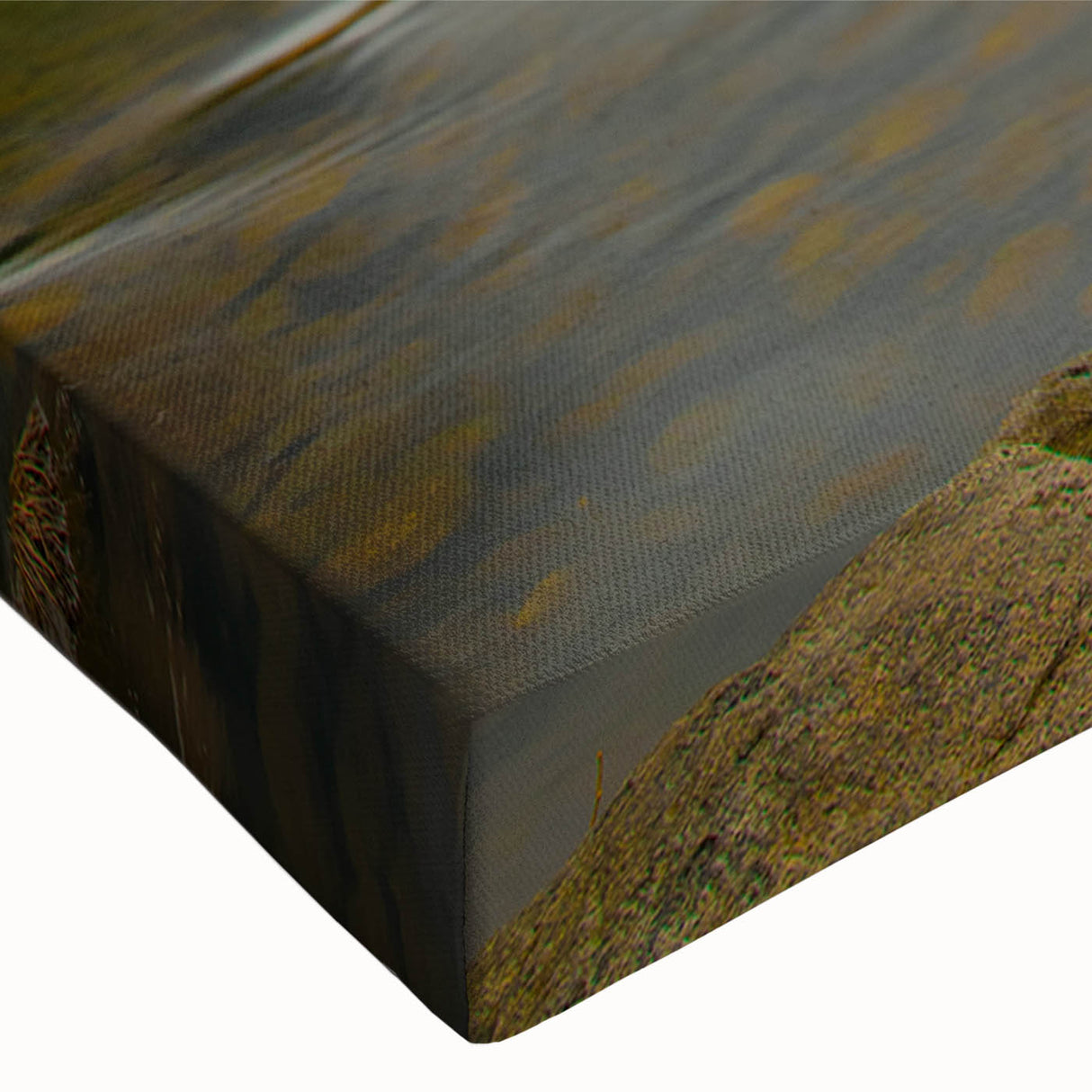 Close-up view of a vibrant stretched canvas featuring a serene lakeside landscape design, showcasing rich colors and intricate details, perfect for home decor.
