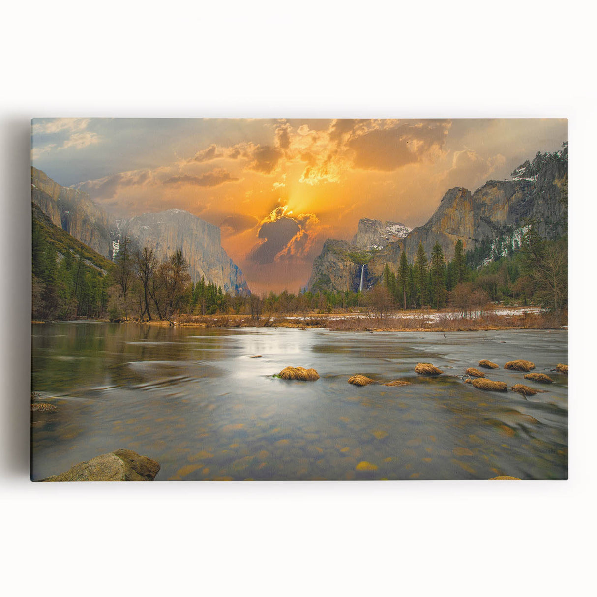 Stretched canvas artwork displaying a serene landscape of a tranquil lake surrounded by lush greenery, perfect for enhancing home decor with natural beauty.